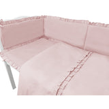 Lenjerie patut cu 6 piese, MimiNu, Pentru patut 120x60 cm, Cu volanase, Cu pilota si perna, Cu doua aparatori laterale, Din bumbac certificat Oeko Tex Standard 100, Colectia Royal, Powder Pink