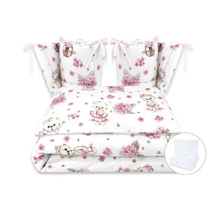 Lenjerie patut cu 6 piese, MimiNu, Pentru patut 120x60 cm, Cu pilota si perna, Cu doua aparatori laterale, Din bumbac certificat Oeko Tex Standard 100, Design, Pink Ballerina