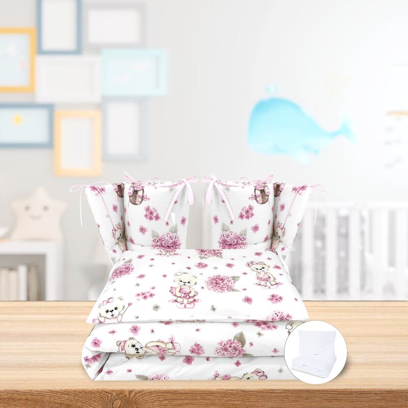 Lenjerie patut cu 6 piese, MimiNu, Pentru patut 120x60 cm, Cu pilota si perna, Cu doua aparatori laterale, Din bumbac certificat Oeko Tex Standard 100, Design, Pink Ballerina