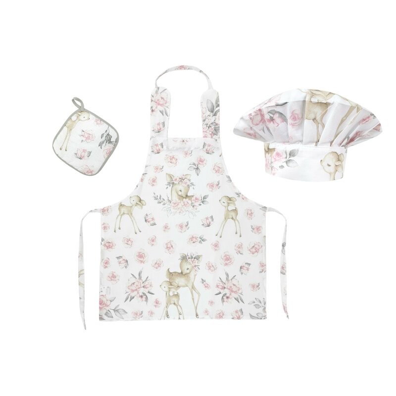 Set Micutul bucatar, MimiNu, Cu sort, o boneta si accesoriu pentru vase calde, Din bumbac certificat Oeko Tex Standard 100, Sweet Deer Pink - gogobaby.ro