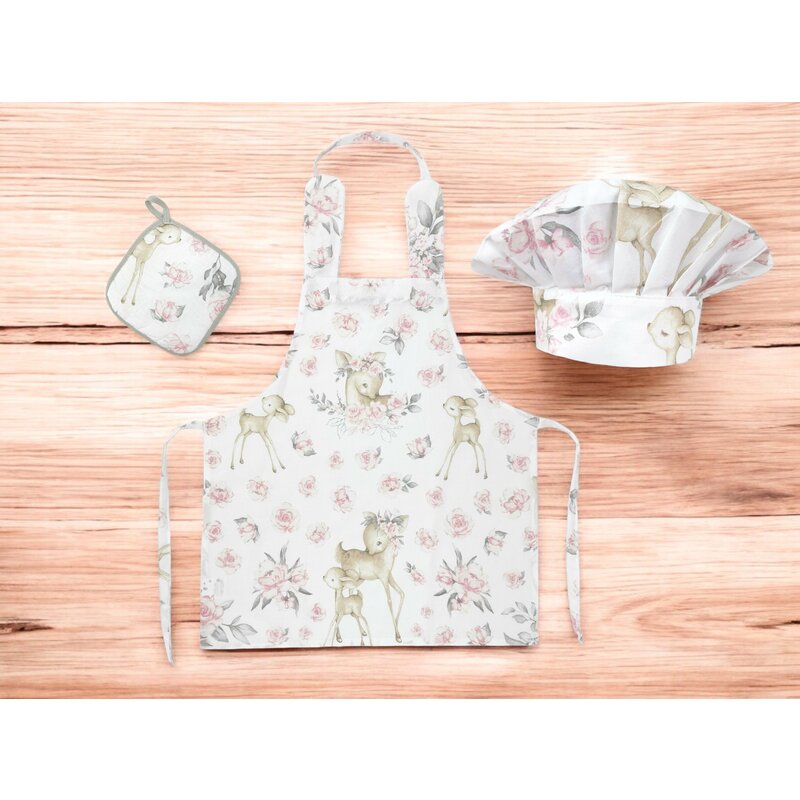 Set Micutul bucatar, MimiNu, Cu sort, o boneta si accesoriu pentru vase calde, Din bumbac certificat Oeko Tex Standard 100, Sweet Deer Pink - gogobaby.ro