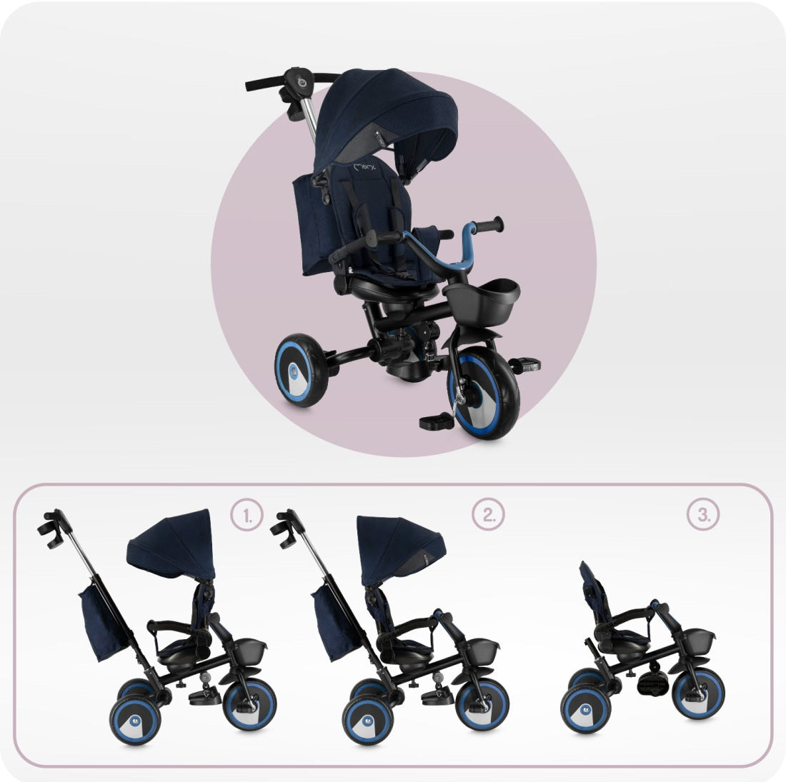 Tricicleta Multifunctionala 3 in 1 cu scaun reversibil, Momi ivi - Navy Blue - gogobaby.ro