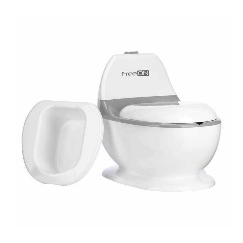 Olita educativa, FreeON, Trainer, Minitoaleta, Cu spatiu pentru hartie/servetele, Cu sunet realist de tras apa, Pana la 25 kg, 3 ani+, White/Grey - gogobaby.ro