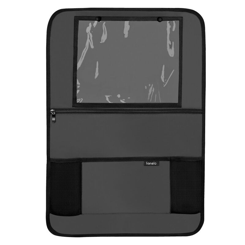 Organizator auto, Lionelo, Cu 5 buzunare de diferite dimensiuni, Cu buzunar pentru tableta, Montare cu clema, Piele ecologica, Impermeabila, Gri - gogobaby.ro
