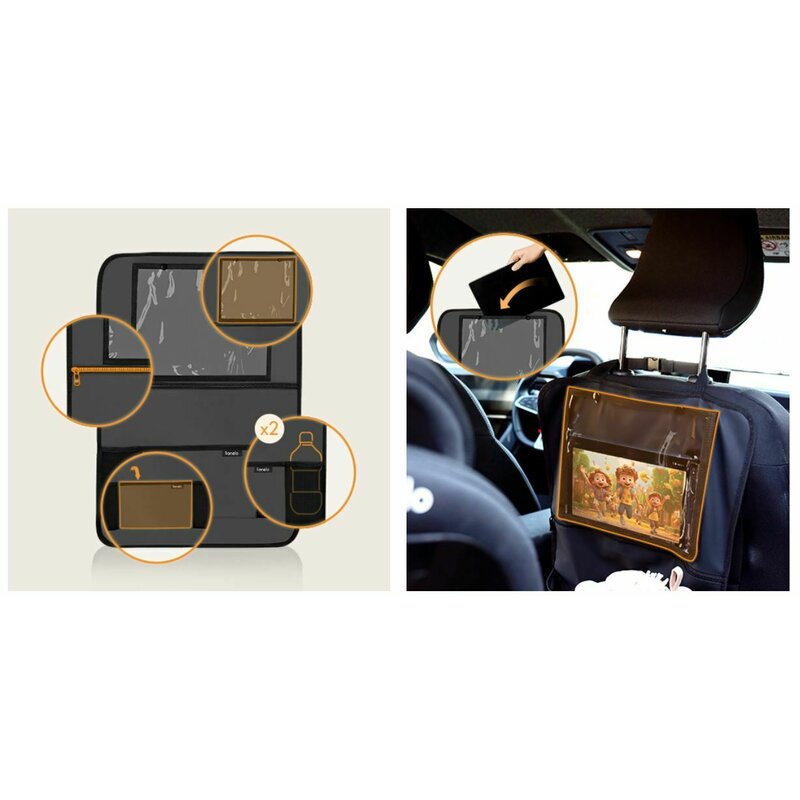 Organizator auto, Lionelo, Cu 5 buzunare de diferite dimensiuni, Cu buzunar pentru tableta, Montare cu clema, Piele ecologica, Impermeabila, Gri - gogobaby.ro