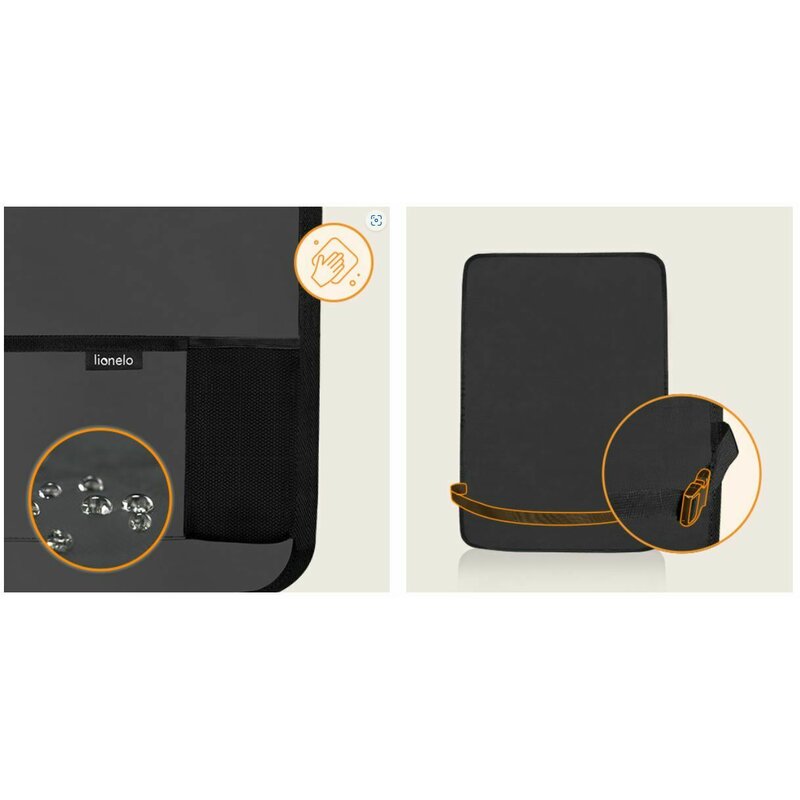 Organizator auto, Lionelo, Cu 5 buzunare de diferite dimensiuni, Cu buzunar pentru tableta, Montare cu clema, Piele ecologica, Impermeabila, Gri - gogobaby.ro