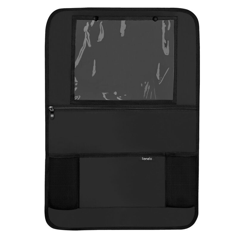 Organizator auto, Lionelo, Cu 5 buzunare de diferite dimensiuni, Cu buzunar pentru tableta, Montare cu clema, Piele ecologica, Impermeabila, Negru - gogobaby.ro