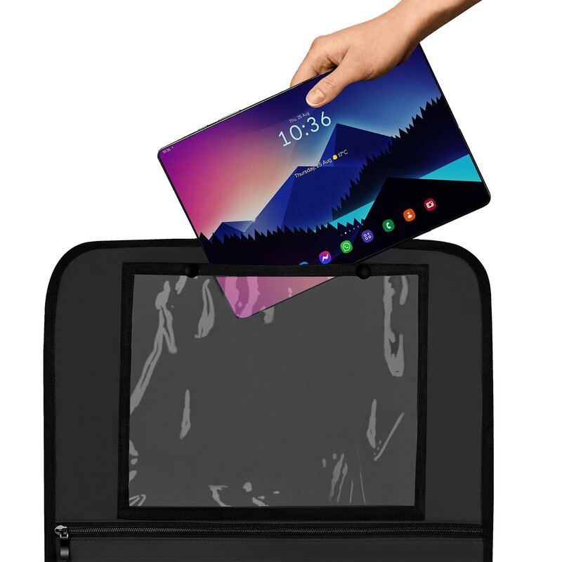Organizator auto, Lionelo, Cu 5 buzunare de diferite dimensiuni, Cu buzunar pentru tableta, Montare cu clema, Piele ecologica, Impermeabila, Negru - gogobaby.ro