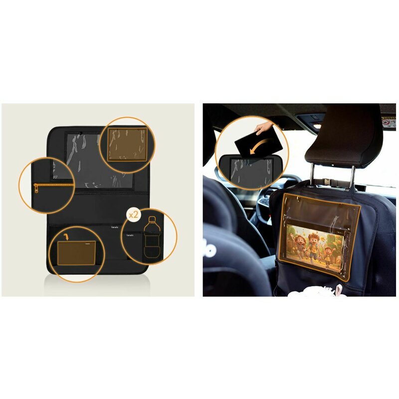 Organizator auto, Lionelo, Cu 5 buzunare de diferite dimensiuni, Cu buzunar pentru tableta, Montare cu clema, Piele ecologica, Impermeabila, Negru - gogobaby.ro