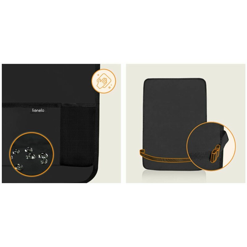 Organizator auto, Lionelo, Cu 5 buzunare de diferite dimensiuni, Cu buzunar pentru tableta, Montare cu clema, Piele ecologica, Impermeabila, Negru - gogobaby.ro