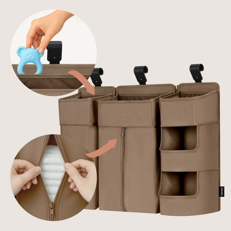 Organizator multifunctional, Lionelo, Sidepocket L, 58x11x58 cm, 3 parti independente cu multiple buzunare, Universal, Constructie ranforsata, Bej
