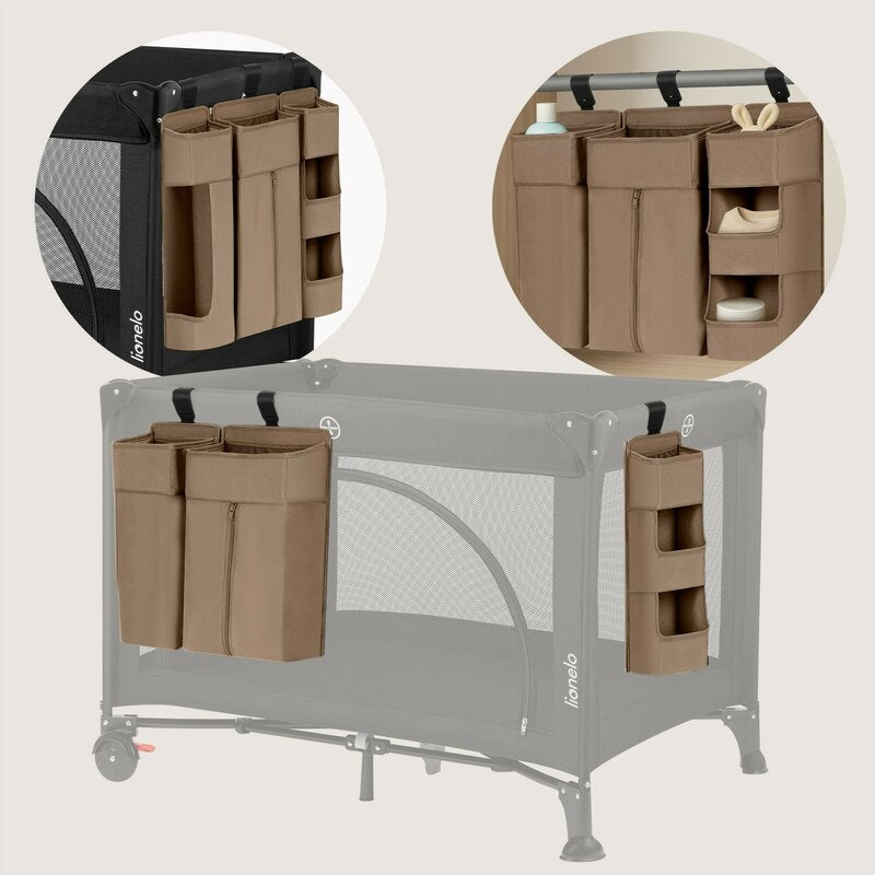 Organizator multifunctional, Lionelo, Sidepocket L, 58x11x58 cm, 3 parti independente cu multiple buzunare, Universal, Constructie ranforsata, Bej
