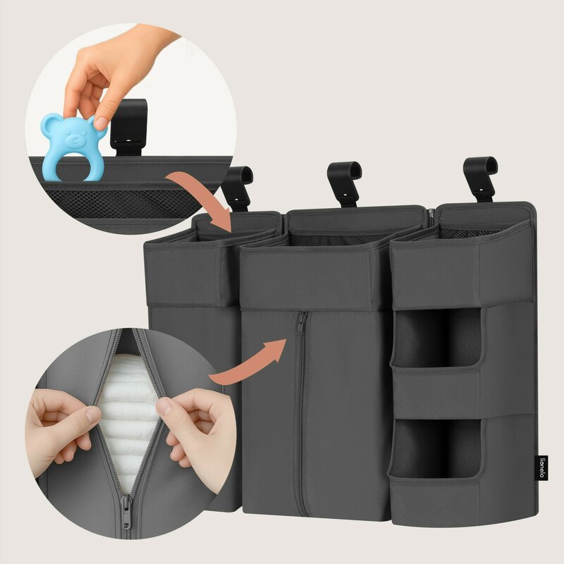 Organizator multifunctional, Lionelo, Sidepocket L, 58x11x58 cm, 3 parti independente cu multiple buzunare, Universal, Constructie ranforsata, Gri