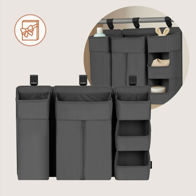 Organizator multifunctional, Lionelo, Sidepocket L, 58x11x58 cm, 3 parti independente cu multiple buzunare, Universal, Constructie ranforsata, Gri