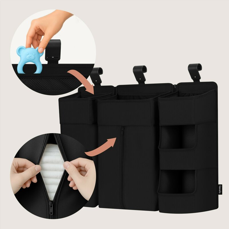 Organizator multifunctional, Lionelo, Sidepocket L, 58x11x58 cm, 3 parti independente cu multiple buzunare, Universal, Constructie ranforsata, Negru
