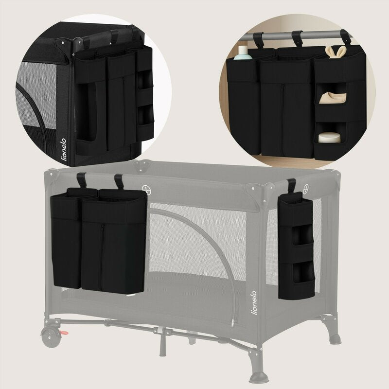 Organizator multifunctional, Lionelo, Sidepocket L, 58x11x58 cm, 3 parti independente cu multiple buzunare, Universal, Constructie ranforsata, Negru