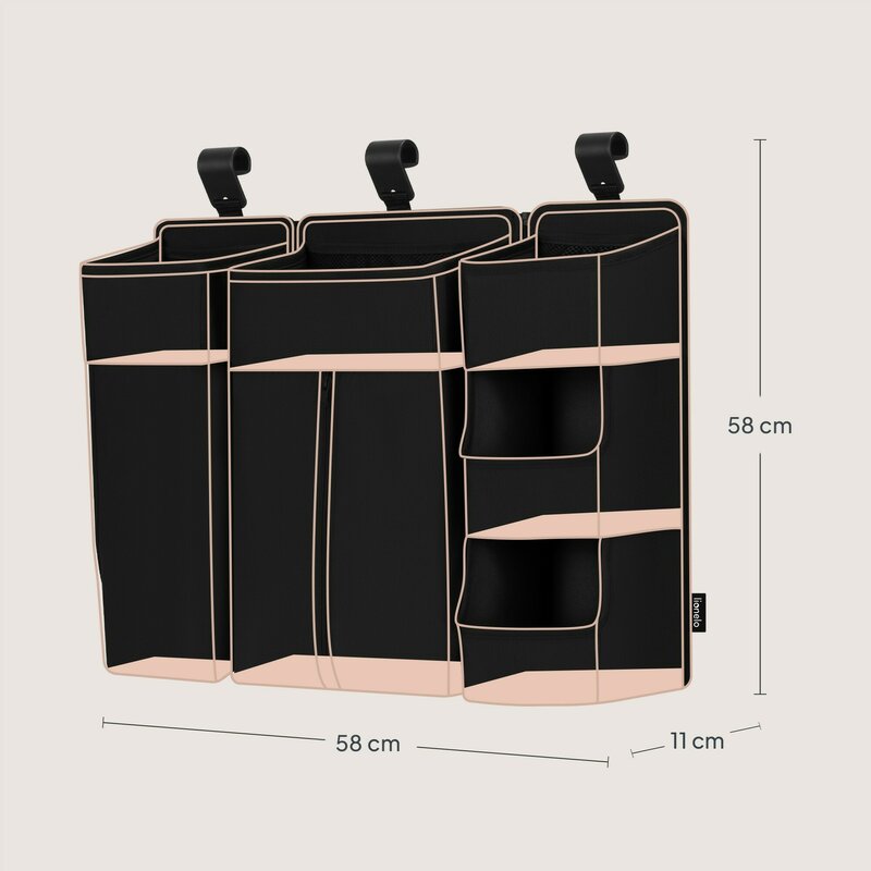 Organizator multifunctional, Lionelo, Sidepocket L, 58x11x58 cm, 3 parti independente cu multiple buzunare, Universal, Constructie ranforsata, Negru