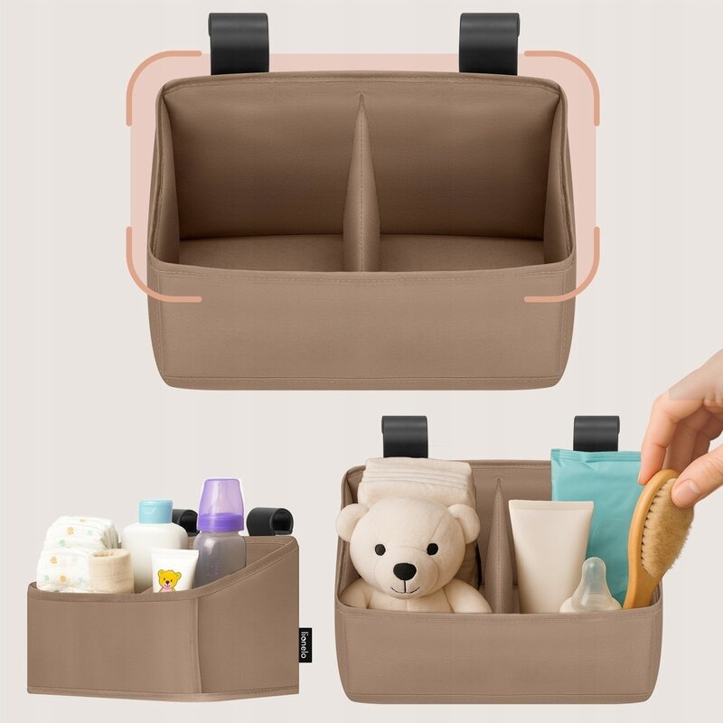 Organizator multifunctional, Lionelo, Sidepocket S, 26x12x15 cm, 2 compartimente, Universal, Constructie ranforsata, Bej