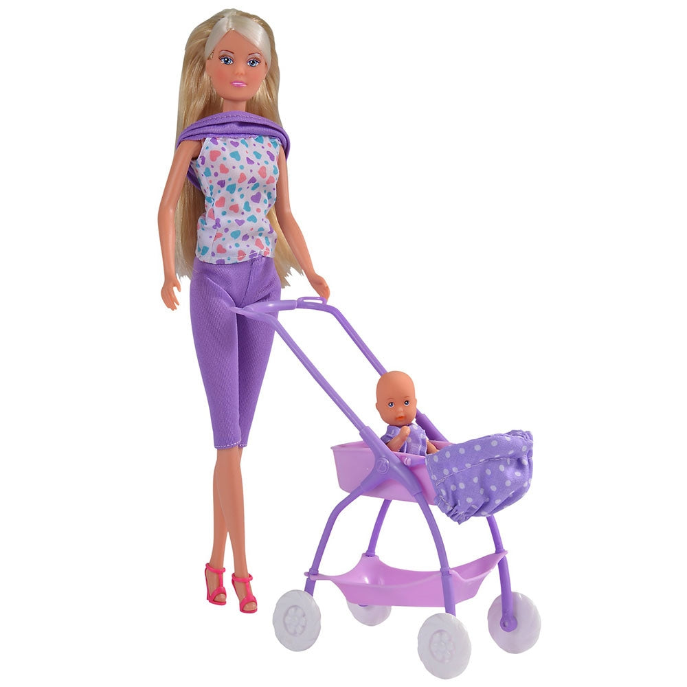 Papusa Simba Steffi Love Baby Walk 29 cm mov cu carucior si accesorii - gogobaby.ro
