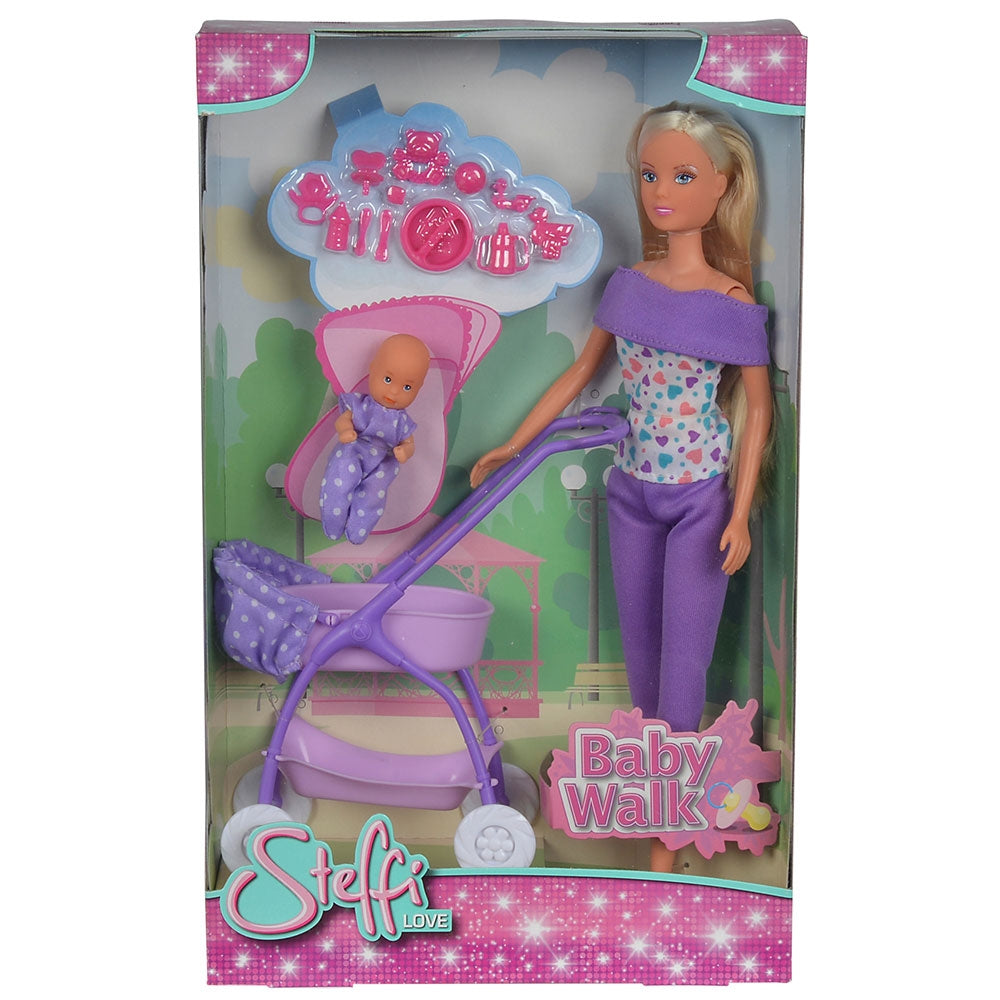 Papusa Simba Steffi Love Baby Walk 29 cm mov cu carucior si accesorii - gogobaby.ro