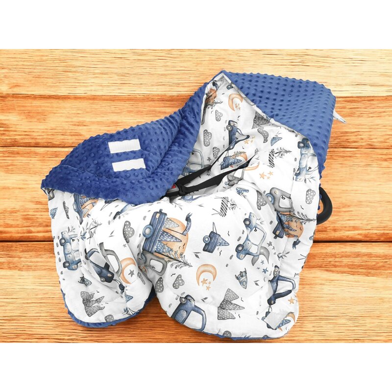 Paturica calduroasa, MimiNu, Pentru scoica, scaun auto/carucior, Cu gluga si urechi, Dimensiune 90x90 cm, Din Minky + Bumbac, Materiale certificate Oeko Tex Standard 100, Design, Cars Blue