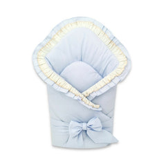 Paturica de infasat, MimiNu, Cu volanase si dantela, Cu multiple utilizari, Cu inchidere cu panglica, Dimensiune 75x75 cm, Din bumbac certificat Oeko Tex Standard 100, Blue