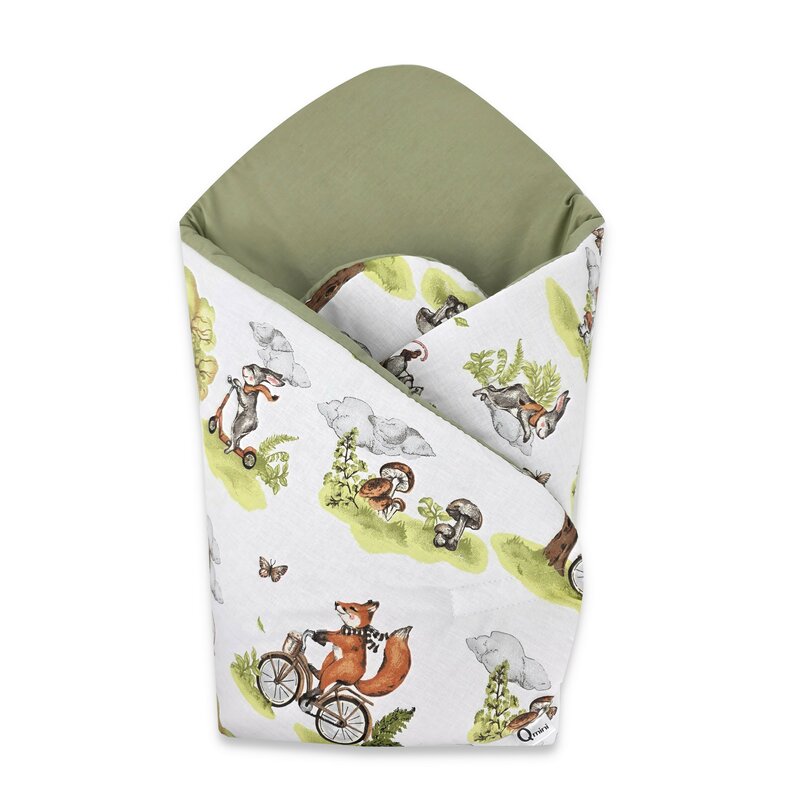 Paturica de infasat, Qmini, Cu doua fete, Cu multiple utilizari, Cu inchidere arici velcro, Dimensiune 75x75 cm, Din bumbac certificat Oeko Tex Standard 100, Fox on bikes Natural