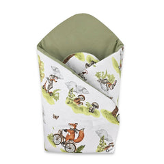 Paturica de infasat, Qmini, Cu doua fete, Cu multiple utilizari, Cu inchidere arici velcro, Dimensiune 75x75 cm, Din bumbac certificat Oeko Tex Standard 100, Fox on bikes Natural