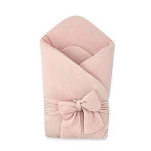 Paturica de infasat, Qmini, Din muselina dubla, Cu inchidere cu panglica, Dimensiune 75x75 cm, Din material certificat Oeko Tex Standard 100, Powder Pink