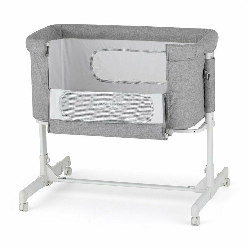 Patut co-sleeper 2 in 1, Feedo, Pliabil, Reglabil in 5 pozitii, Cu laterala detasabila, Cu roti, Greutate maxima suportata 9 kg, 0-5 luni, Gri