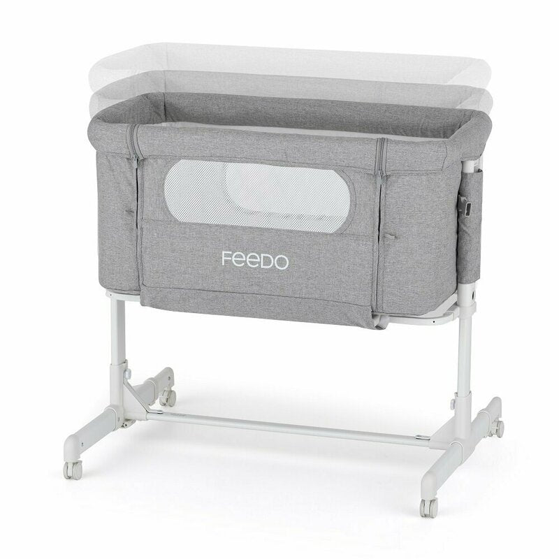 Patut co-sleeper 2 in 1, Feedo, Pliabil, Reglabil in 5 pozitii, Cu laterala detasabila, Cu roti, Greutate maxima suportata 9 kg, 0-5 luni, Gri