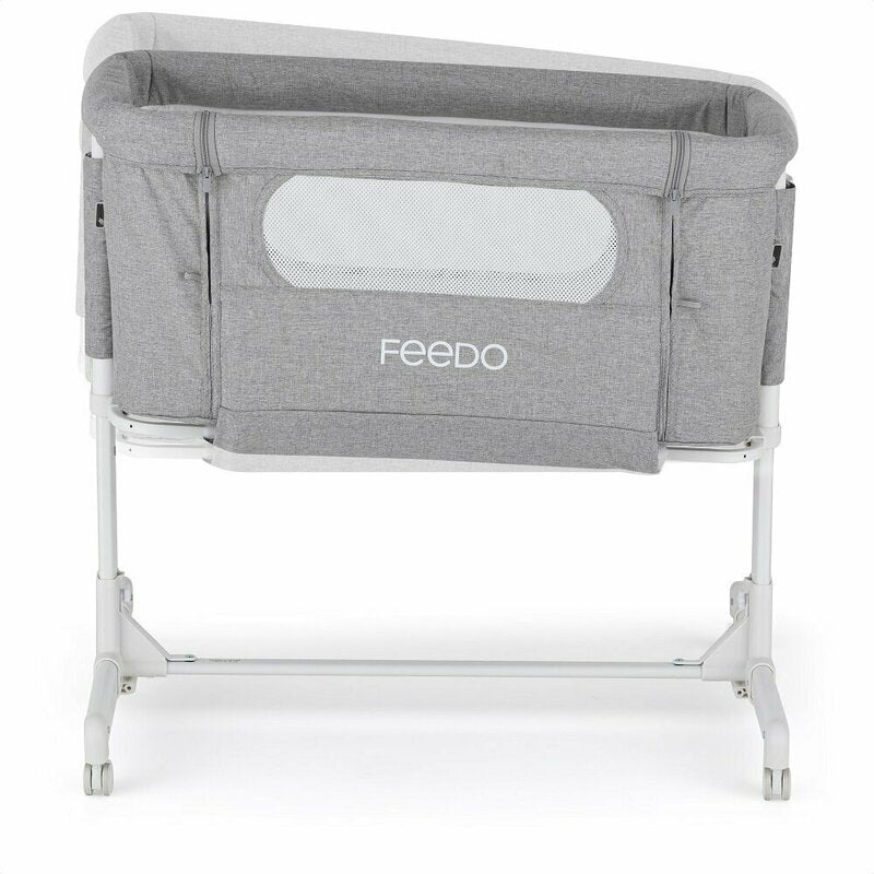 Patut co-sleeper 2 in 1, Feedo, Pliabil, Reglabil in 5 pozitii, Cu laterala detasabila, Cu roti, Greutate maxima suportata 9 kg, 0-5 luni, Gri