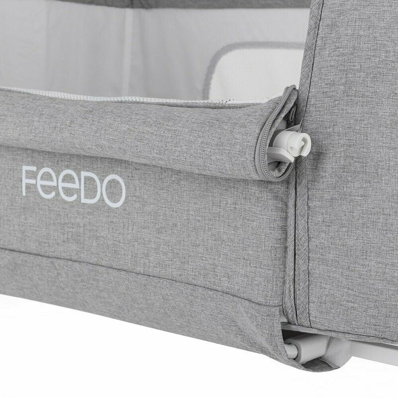 Patut co-sleeper 2 in 1, Feedo, Pliabil, Reglabil in 5 pozitii, Cu laterala detasabila, Cu roti, Greutate maxima suportata 9 kg, 0-5 luni, Gri