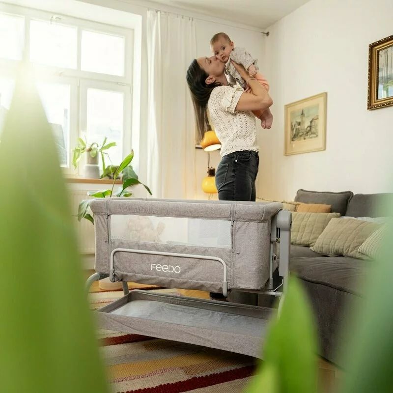 Patut co-sleeper, Feedo, Cu sistem de leganare, Inaltime adjustabila pana la 57-69 cm, sustine pana la 9 kg, 0 luni+ Gri