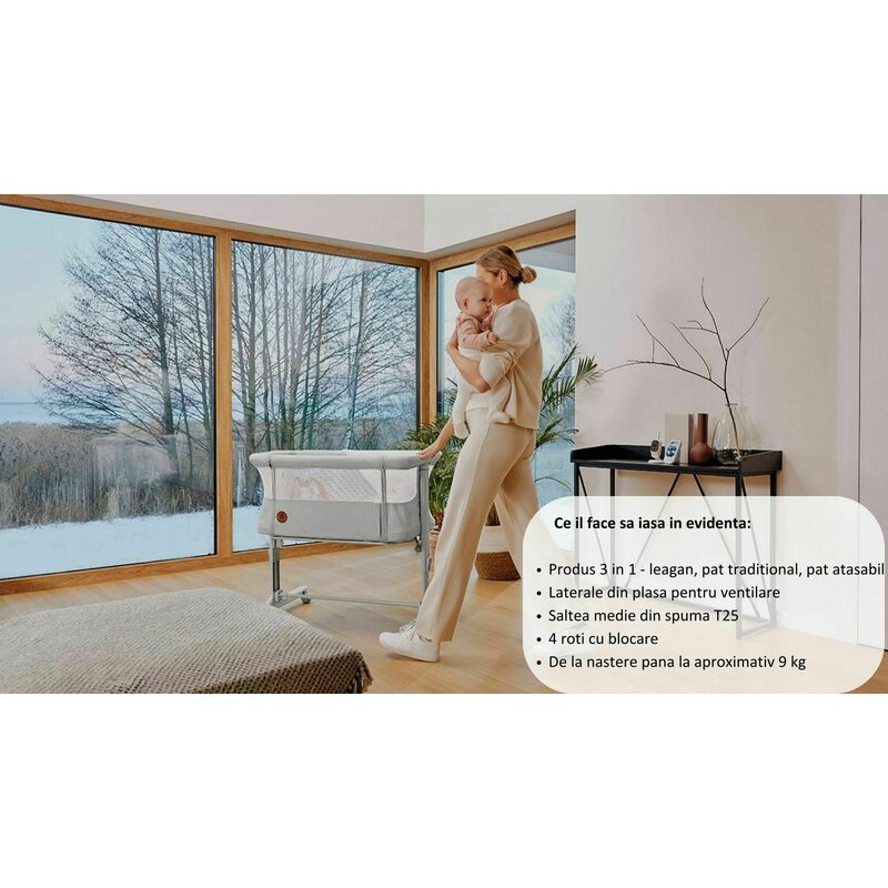 Patut co-sleeper, Lionelo, Aurora, 3 in 1, Cu leganare si setare unghiulara, Cu saltea, 0 luni+, Certificari EN 1130:2019+AC:2020, EN 16890:2, Bej