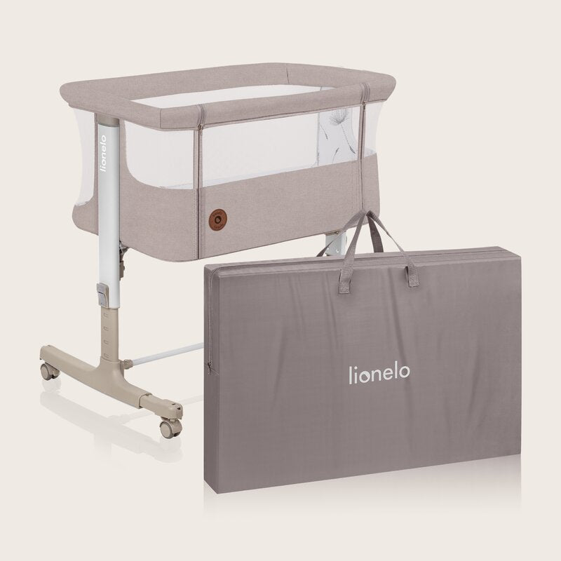 Patut co-sleeper, Lionelo, Aurora, 3 in 1, Cu leganare si setare unghiulara, Cu saltea, 0 luni+, Certificari EN 1130:2019+AC:2020, EN 16890:2, Bej