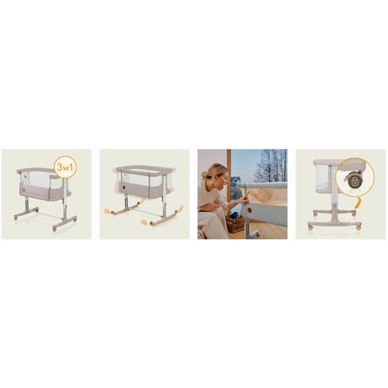 Patut co-sleeper, Lionelo, Aurora, 3 in 1, Cu leganare si setare unghiulara, Cu saltea, 0 luni+, Certificari EN 1130:2019+AC:2020, EN 16890:2, Bej