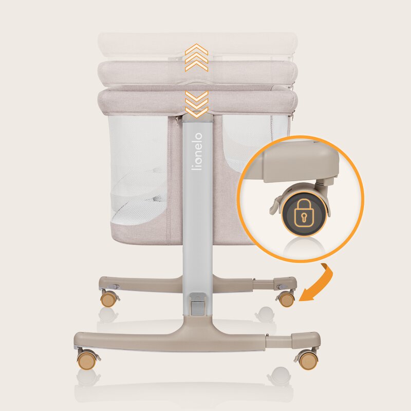 Patut co-sleeper, Lionelo, Aurora, 3 in 1, Cu leganare si setare unghiulara, Cu saltea, 0 luni+, Certificari EN 1130:2019+AC:2020, EN 16890:2, Bej