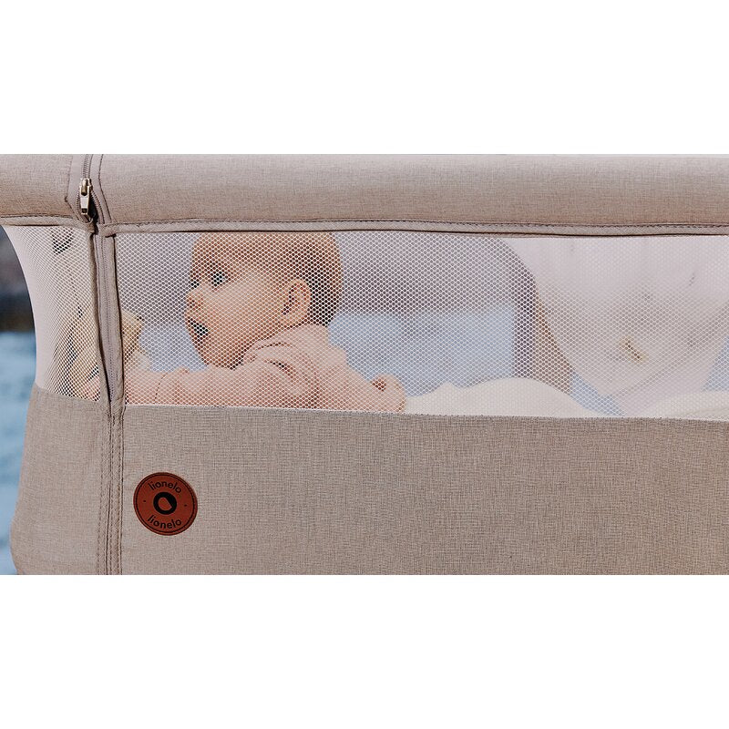 Patut co-sleeper, Lionelo, Aurora, 3 in 1, Cu leganare si setare unghiulara, Cu saltea, 0 luni+, Certificari EN 1130:2019+AC:2020, EN 16890:2, Bej