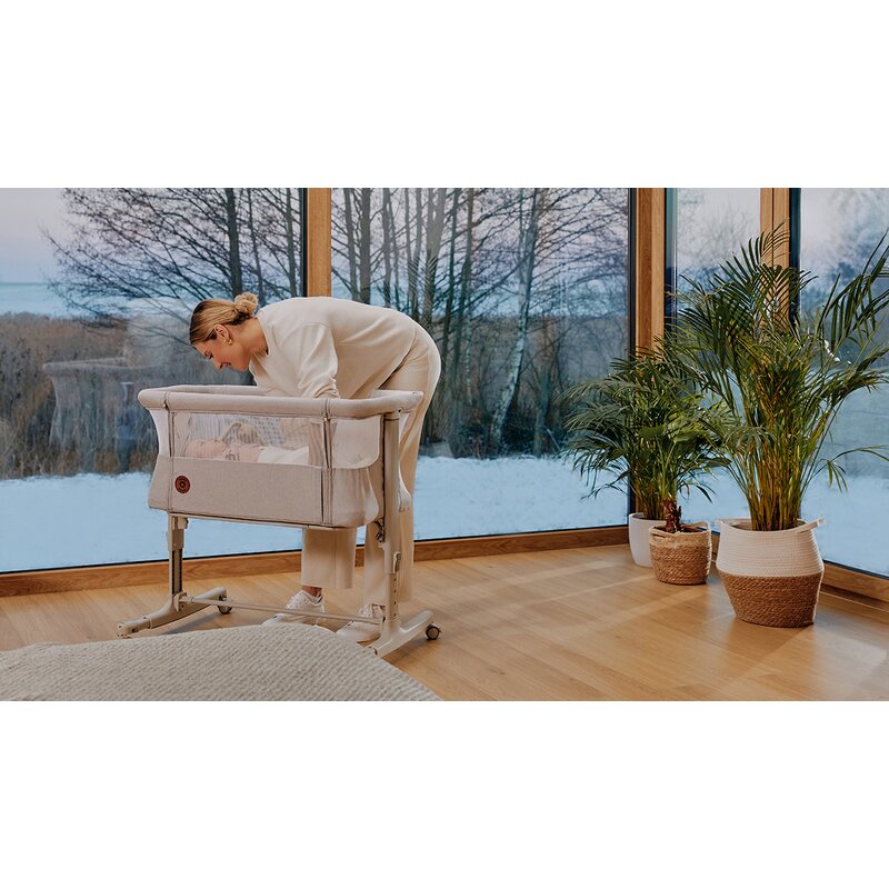 Patut co-sleeper, Lionelo, Aurora, 3 in 1, Cu leganare si setare unghiulara, Cu saltea, 0 luni+, Certificari EN 1130:2019+AC:2020, EN 16890:2, Bej