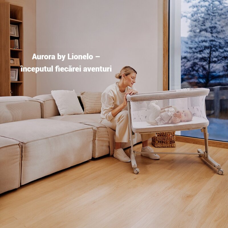 Patut co-sleeper, Lionelo, Aurora, 3 in 1, Cu leganare si setare unghiulara, Cu saltea, 0 luni+, Certificari EN 1130:2019+AC:2020, EN 16890:2, Bej