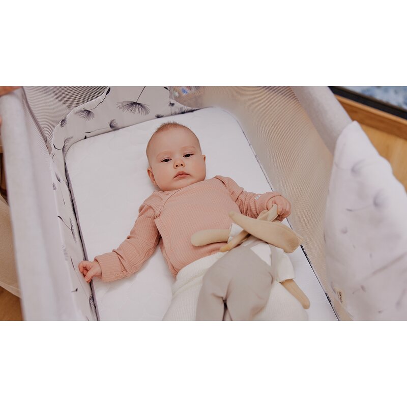 Patut co-sleeper, Lionelo, Aurora, 3 in 1, Cu leganare si setare unghiulara, Cu saltea, 0 luni+, Certificari EN 1130:2019+AC:2020, EN 16890:2, Bej