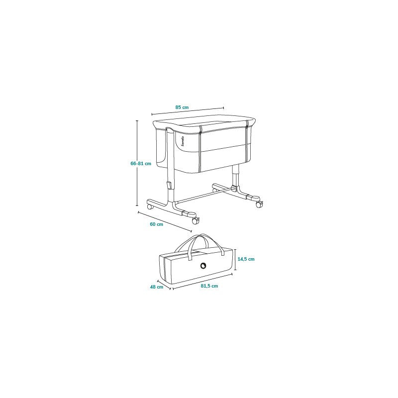 Patut co-sleeper, Lionelo, Aurora, 3 in 1, Cu leganare si setare unghiulara, Saltea cu densitate T25 si geanta transport, Reglabil in 5 pozitii pe inaltime, Pana la 9 kg, 0 luni+, 85x60x66 cm, EN 1130:2019+AC:2020, EN 16890:2, Bej Taupe