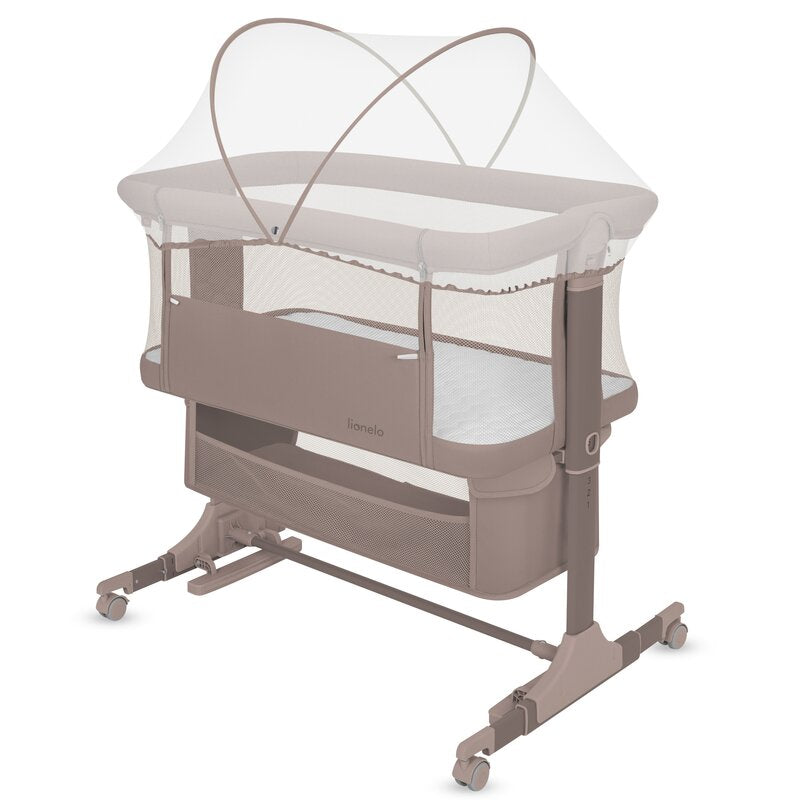 Patut co-sleeper, Lionelo, Jodie, Multifunctional, Reglabil in 6 pozitii pe inaltime, Saltea cu densitate T25, Functie de leganare, Cu plasa de tantari, Buzunar depozitare, Geanta transport, 84x48x70-80 cm, Taupe