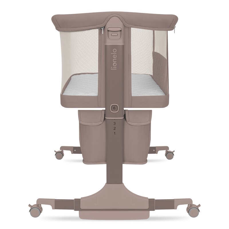 Patut co-sleeper, Lionelo, Jodie, Multifunctional, Reglabil in 6 pozitii pe inaltime, Saltea cu densitate T25, Functie de leganare, Cu plasa de tantari, Buzunar depozitare, Geanta transport, 84x48x70-80 cm, Taupe