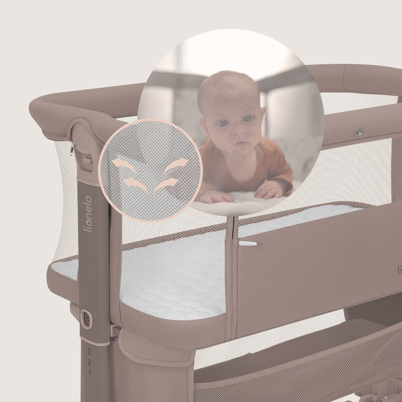 Patut co-sleeper, Lionelo, Jodie, Multifunctional, Reglabil in 6 pozitii pe inaltime, Saltea cu densitate T25, Functie de leganare, Cu plasa de tantari, Buzunar depozitare, Geanta transport, 84x48x70-80 cm, Taupe