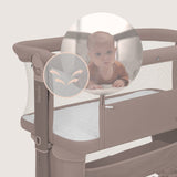 Patut co-sleeper, Lionelo, Jodie, Multifunctional, Reglabil in 6 pozitii pe inaltime, Saltea cu densitate T25, Functie de leganare, Cu plasa de tantari, Buzunar depozitare, Geanta transport, 84x48x70-80 cm, Taupe