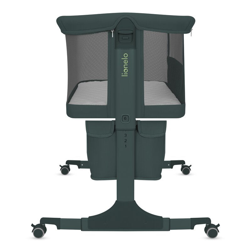 Patut co-sleeper, Lionelo, Jodie, Multifunctional, Reglabil in 6 pozitii pe inaltime, Saltea cu densitate T25, Functie de leganare, Cu plasa de tantari, Buzunar depozitare, Geanta transport, 84x48x70-80 cm, Verde inchis