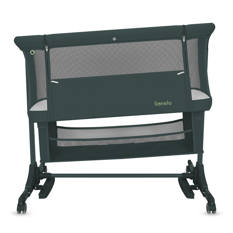 Patut co-sleeper, Lionelo, Jodie, Multifunctional, Reglabil in 6 pozitii pe inaltime, Saltea cu densitate T25, Functie de leganare, Cu plasa de tantari, Buzunar depozitare, Geanta transport, 84x48x70-80 cm, Verde inchis