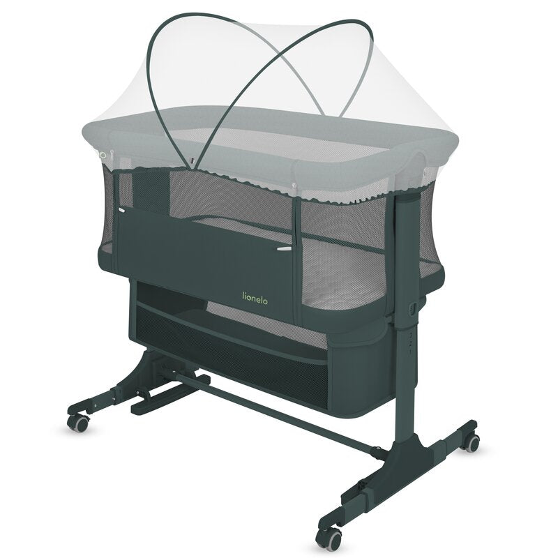 Patut co-sleeper, Lionelo, Jodie, Multifunctional, Reglabil in 6 pozitii pe inaltime, Saltea cu densitate T25, Functie de leganare, Cu plasa de tantari, Buzunar depozitare, Geanta transport, 84x48x70-80 cm, Verde inchis
